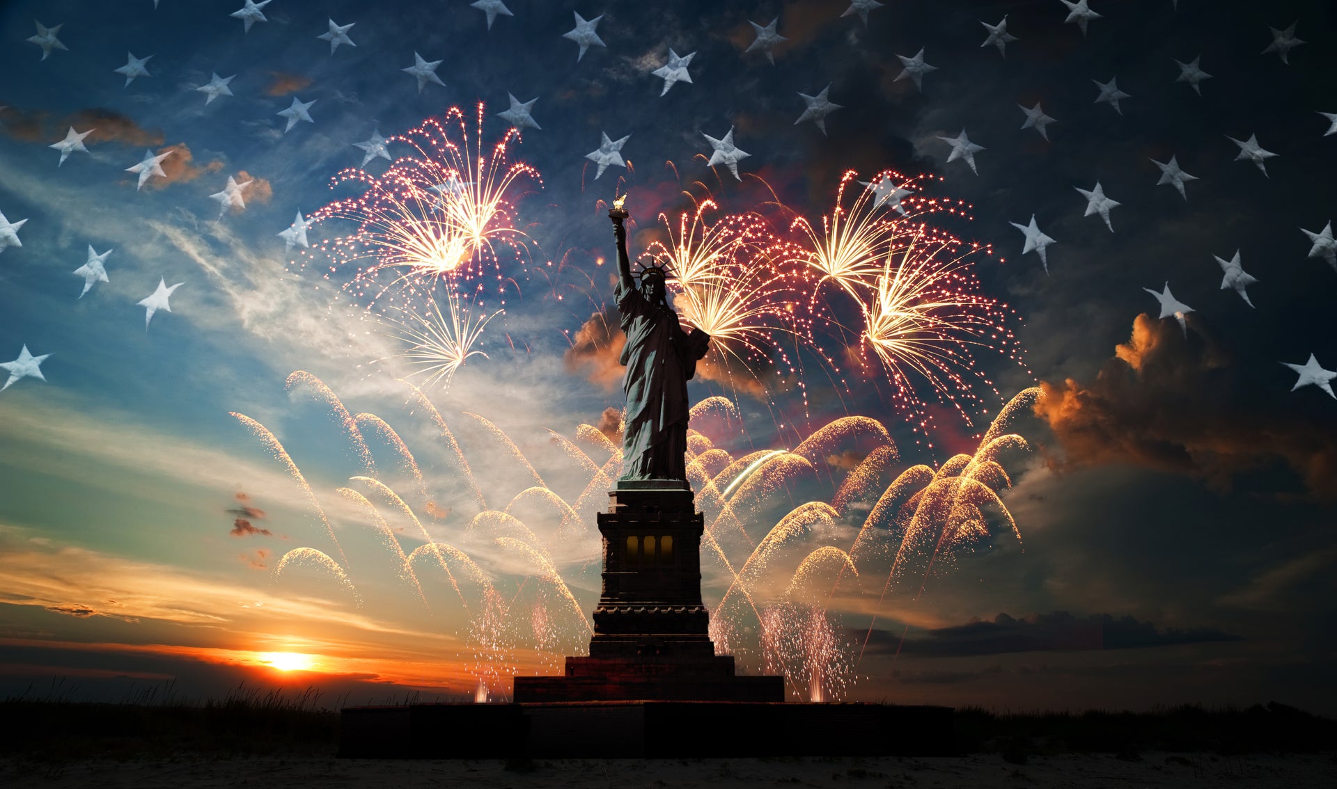 Patriotic image of Fireworks and the Statue of Liberty - Crosscountrycreations